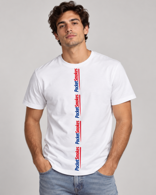 PocketSmokes-Vertical-Logo-Tee.webp PocketSmokes Signature Vertical Logo T-Shirt – White
